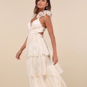 Whimsical Aura Champagne Embroidered Ruffled Lace-up Midi Dress